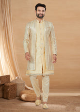 Exclusive Contrasting cream Thread and Detailed Embroidery Work Indo Western, Sherwani | Indian Traditional Mens Wear